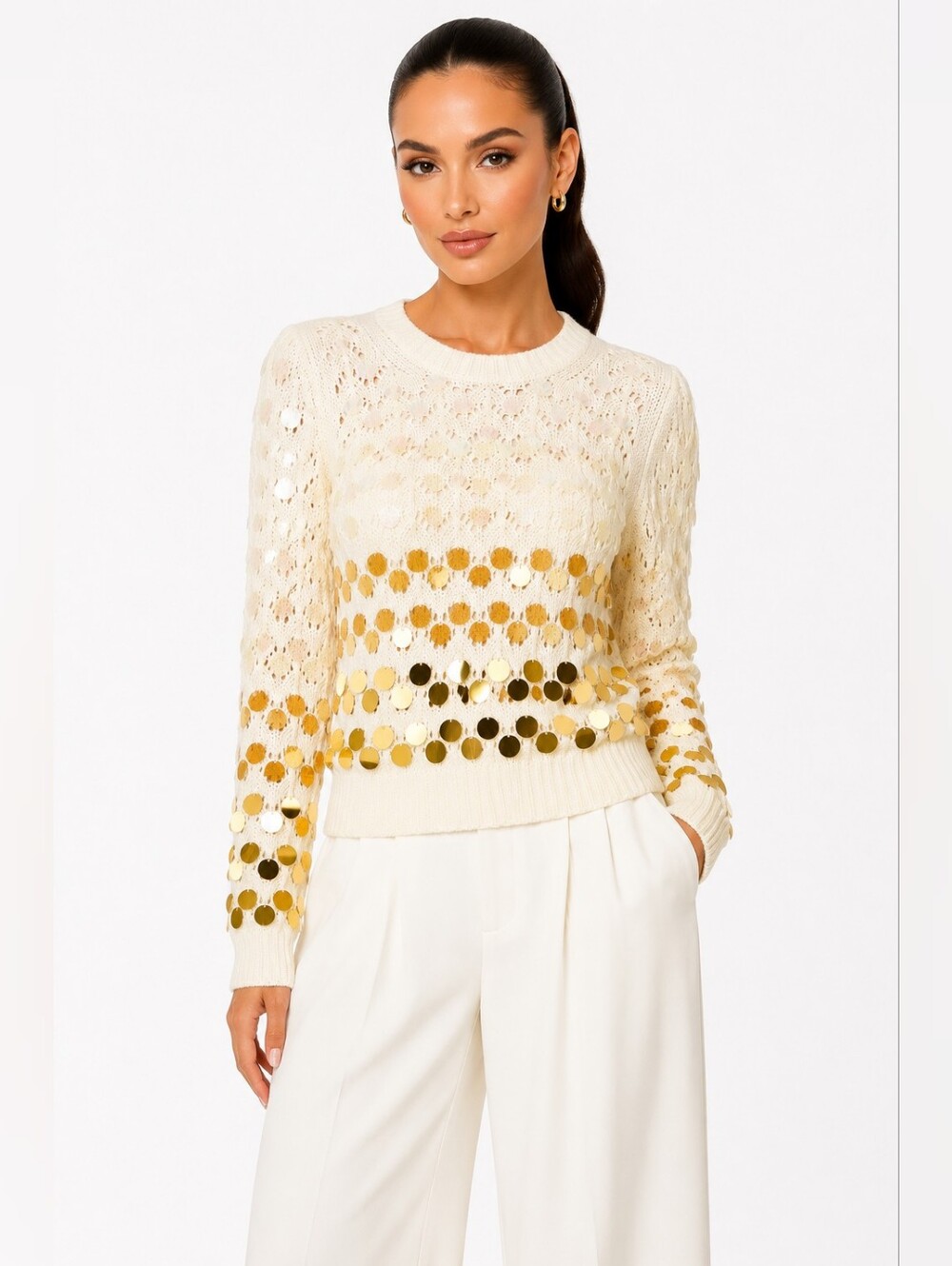 NWT Marc Jacobs Ivory Wool Cashmere Gold Paillette Pointelle Sweater L  $495